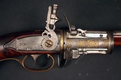 Grand revolver à silex à 4 coups signé «...