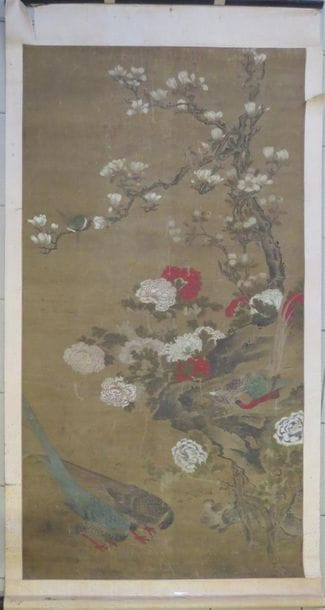 Peinture sur soie représentant des faisans,...