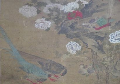 Peinture sur soie représentant des faisans,...