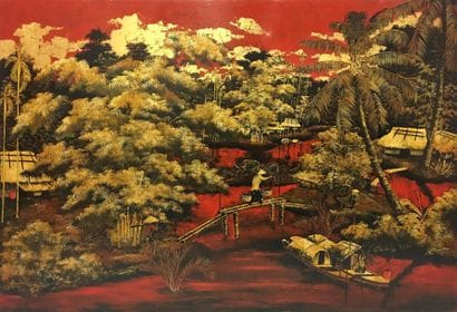 Travail Vietnamien milieu XXe
Laque rouge
Rivière...