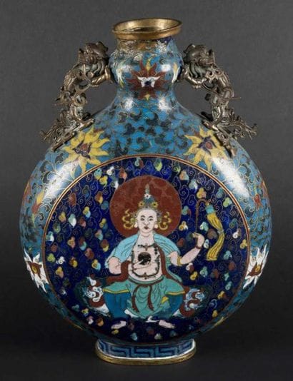 Gourde en bronze et émaux cloisonnés polychromes...