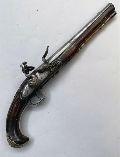 Grand pistolet à silex monté bronze, canon...