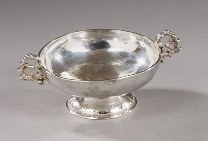 Silver wedding bowl with two stylized handles,...