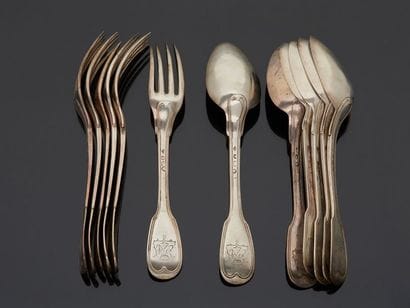 Six large spoons and six large silver forks,...