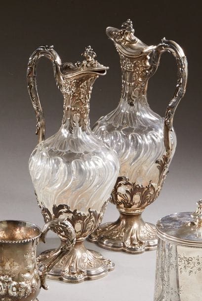 Pair of crystal decanters molded and cut...
