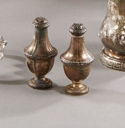 Pair of baluster-shaped silver salt shakers...