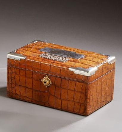 Large caramel crocodile leather cigar box,...