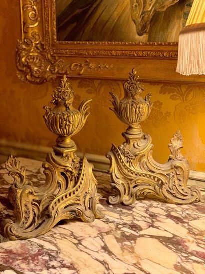 Paire de chenets de style Louis XV en bronze...