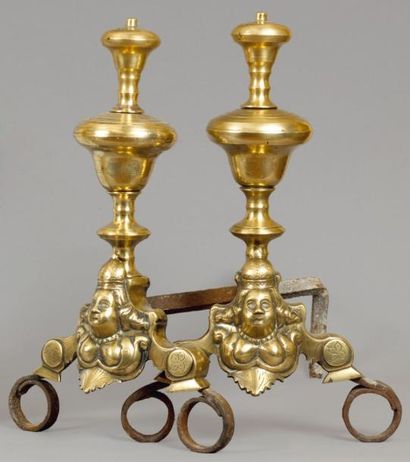 Paire de chenets en laiton et fer forgé 