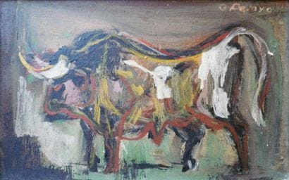PELAYO
Taureau Huile sur carton signé en...