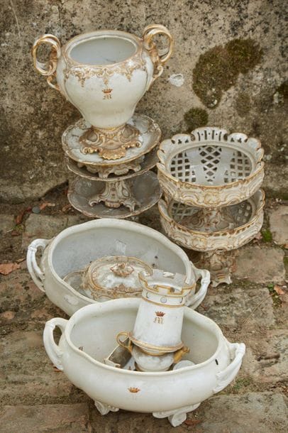 White porcelain service part with gilded...