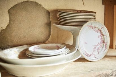 Fine earthenware dinner service with purple...