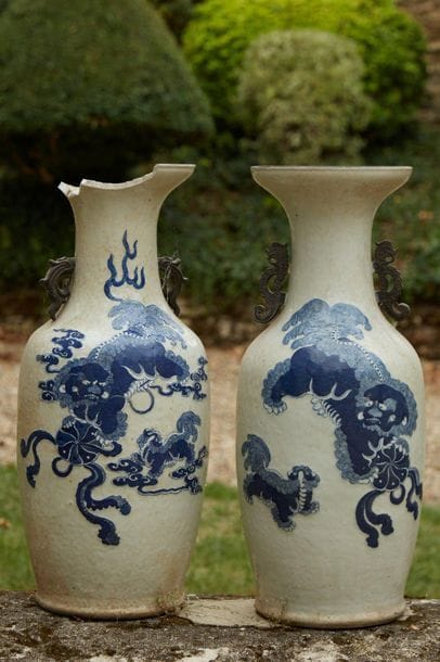 Pair of blue-white porcelain vases decorated...