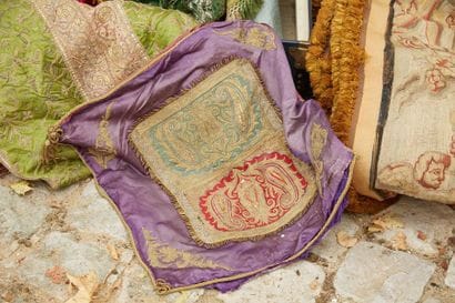 Purple silk cushion, embroidered with floral...
