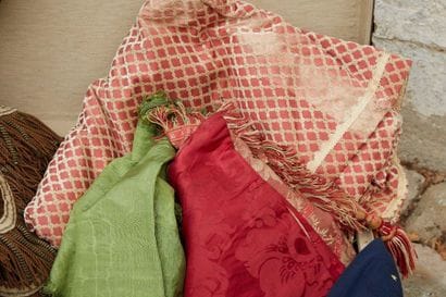 Lot of various fabrics: antique green damask,...