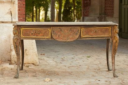 Flat blackened wooden desk with copper and...
