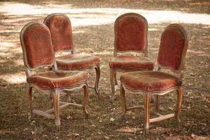 Four dining chairs in moulded natural wood,...