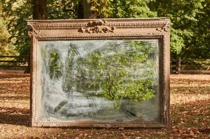 Fireplace glass, wooden frame and gilded...