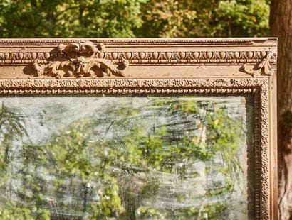 Fireplace glass, wooden frame and gilded...
