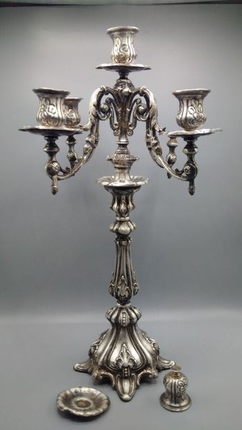 Pair of five-light candelabra in silver-patinated...
