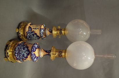 Pair of oil and ceramic lamps with neo-Renaissance...