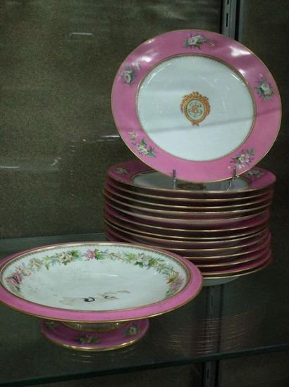 14 Plates and a cake dish in Sèvres porcelain,...