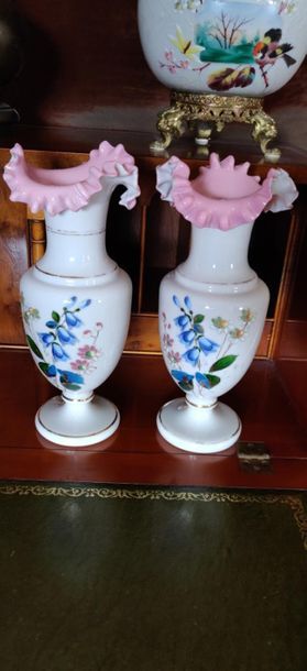 Two opaline vases with hemmed neck and bird...