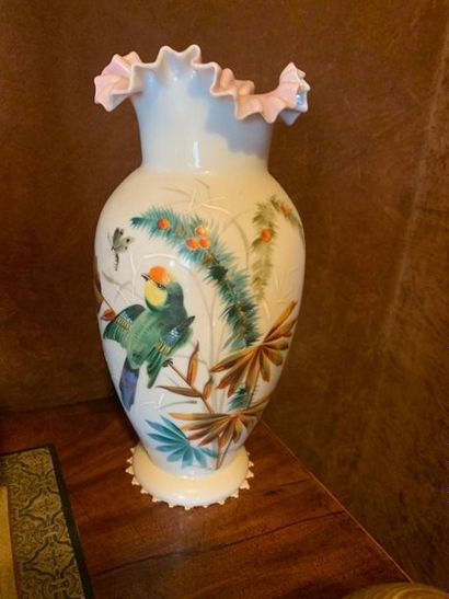 Two opaline vases with hemmed neck and bird...
