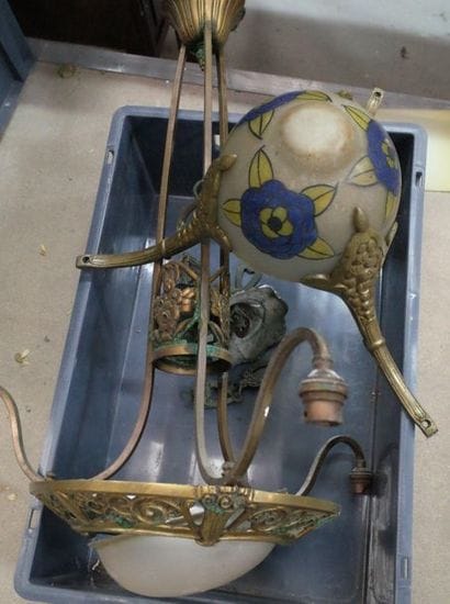 Two 1920's chandeliers in bronze and painted...
