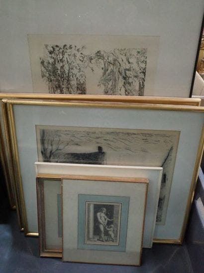 Mannette de gravures en noir et en couleurs...