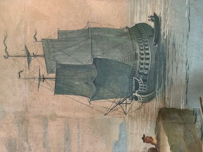 Deux grands panneaux peints sur papier de...