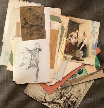 Chemise contenant des dessins, gravures et...