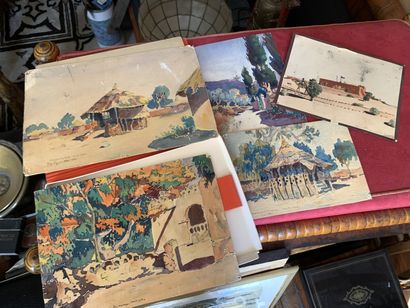 Lot d'aquerelles diverses sur l'afrique dont...