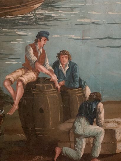 Deux grands panneaux peints sur papier de...
