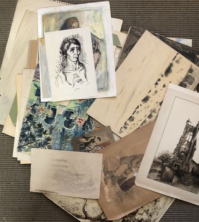 Chemise contenant des dessins, gravures et...