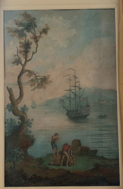 Deux grands panneaux peints sur papier de...
