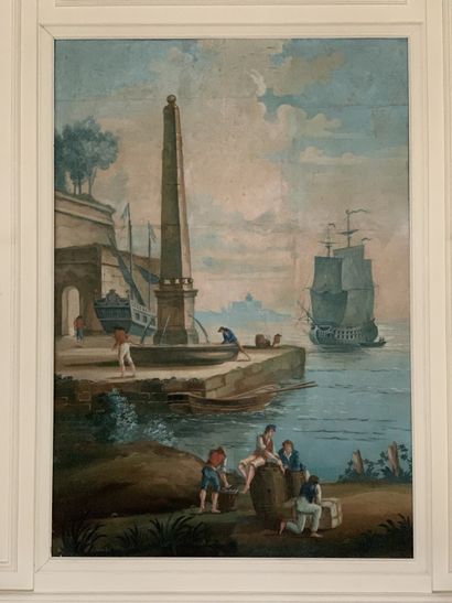 Deux grands panneaux peints sur papier de...