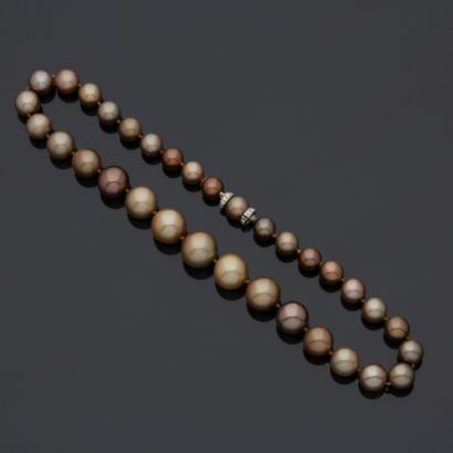 Collier de 32 perles brunes mordorées en...