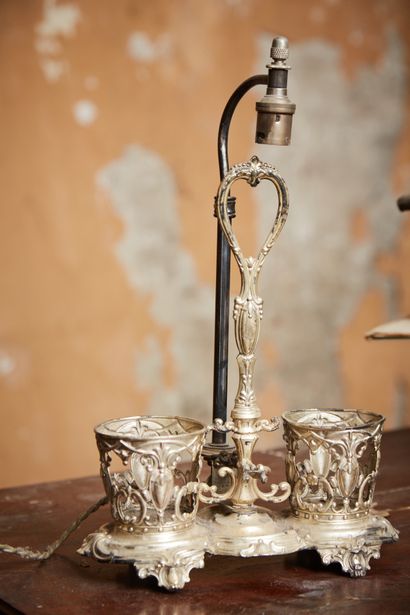 Silver plated oil and vinegar cruet mounted...