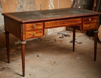 Wooden veneer desk, leather top, tapered...