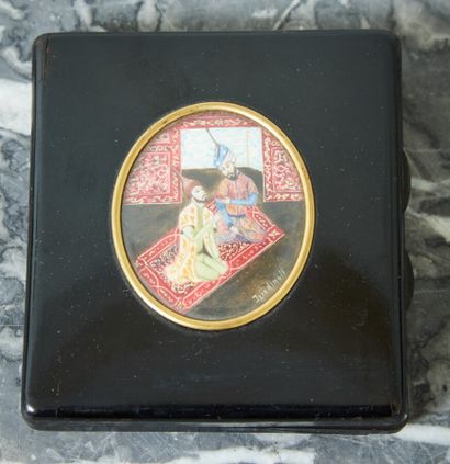 Small blackened wooden box, decorated with...
