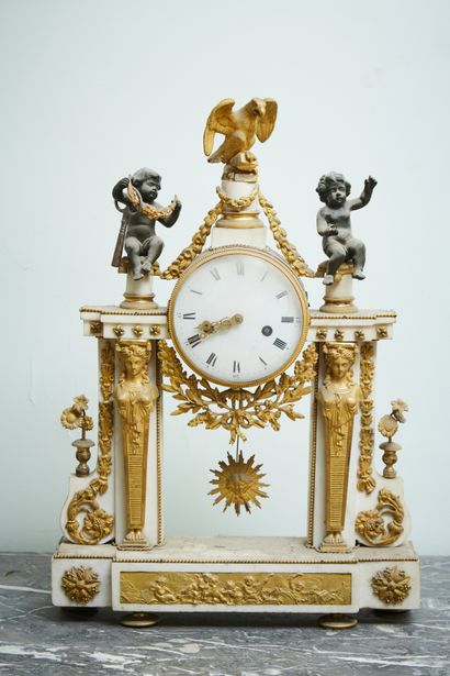 Large white marble portico clock with rich...