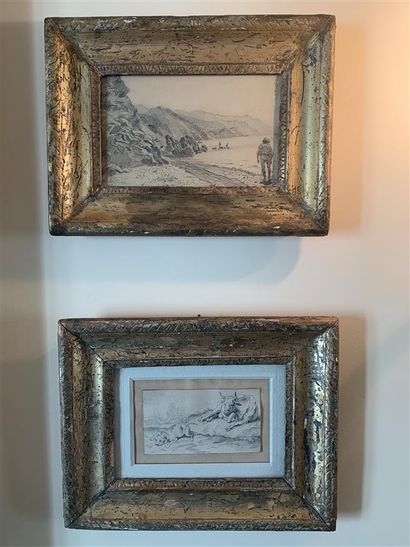 Deux dessins et deux estampes encadrés représentant...