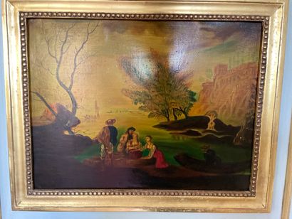 Trumeau en bois laqué et doré à décor d'une...