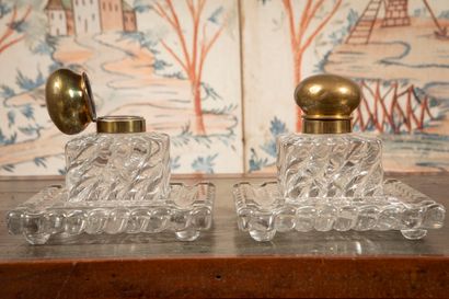 
Pair of molded crystal inkwells, round copper...
