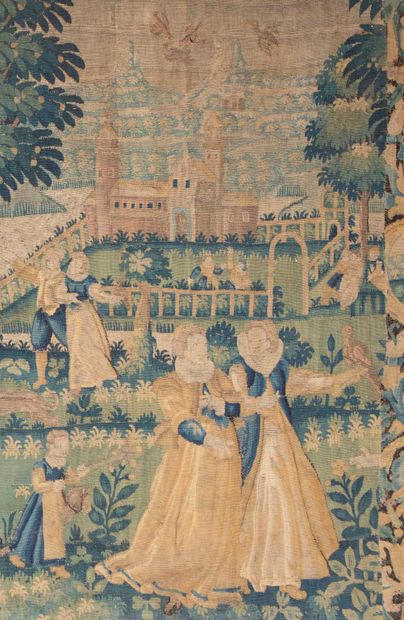 
Tapestry depicting gallant scenes in a wooded...