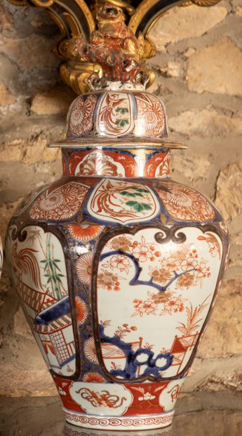 
Pair of large covered potiches in polychrome...
