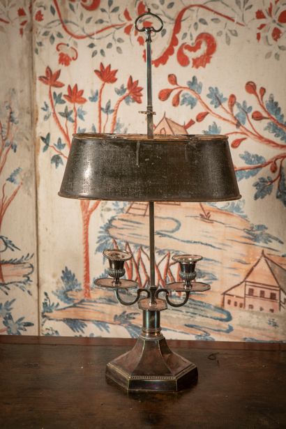 
Carcel lamp in silver plated metal, lampshade...