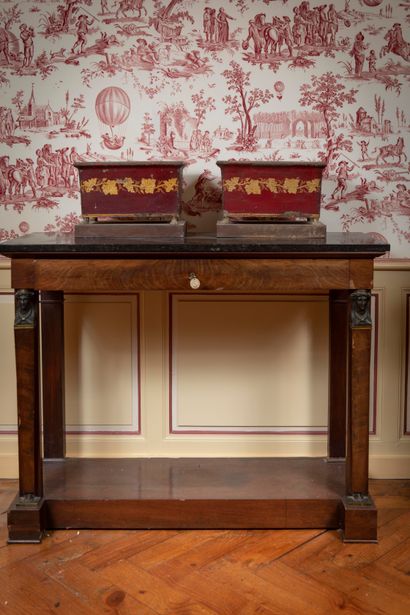 
Mahogany veneer console opening with a drawer,...