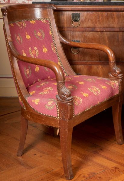 
Pair of mahogany and mahogany veneer armchairs,...